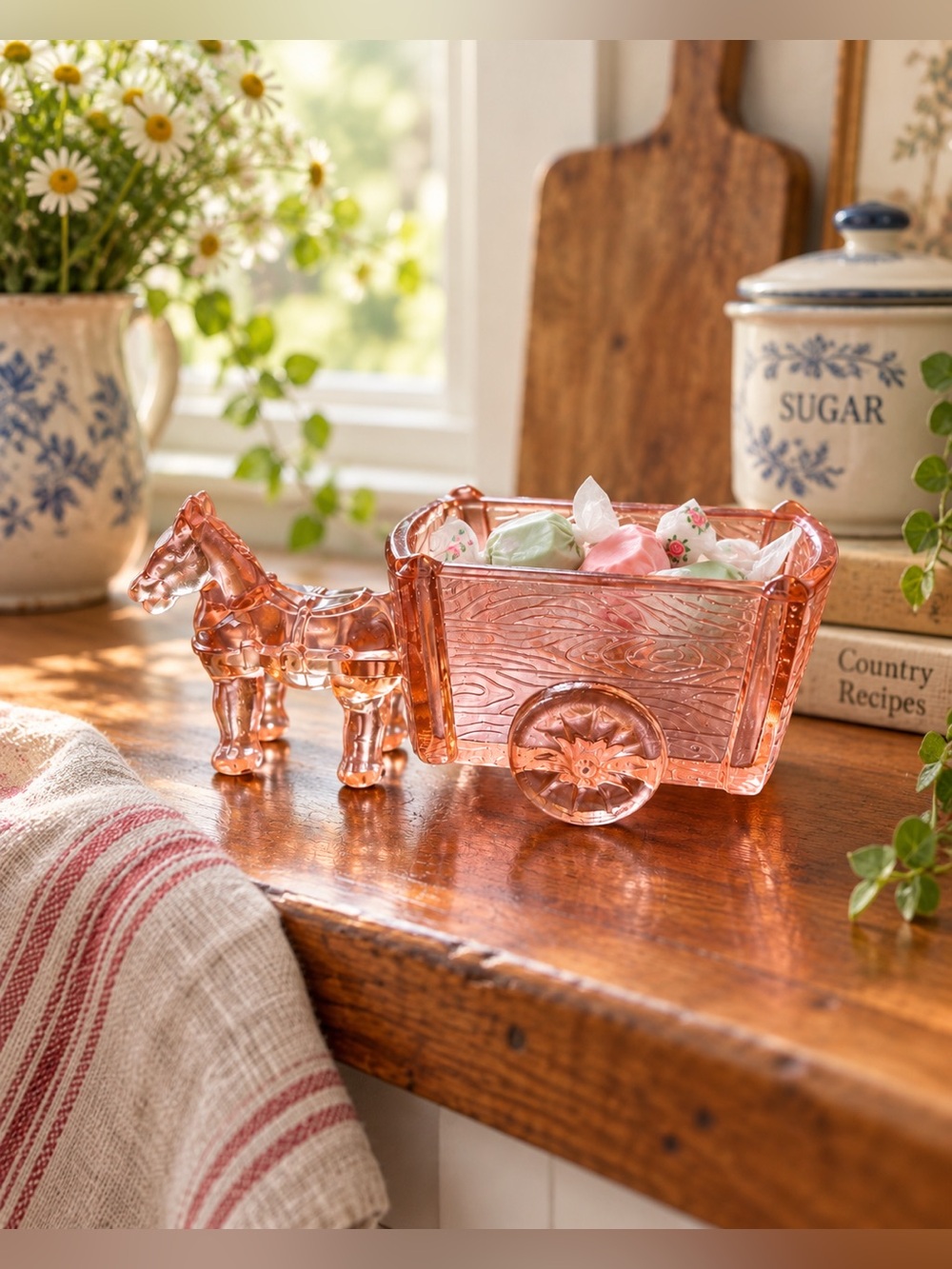 Vintage Pink Pressed Glass Horse & Cart Dish